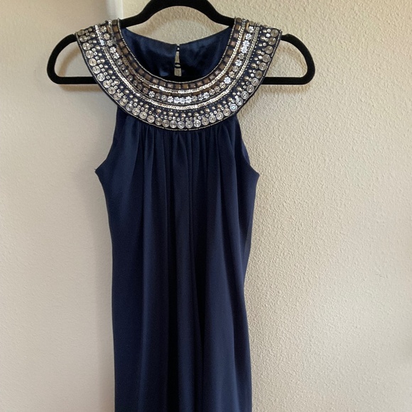 Sleeveless blue crepe beaded Greek style party dress - Picture 1 of 4